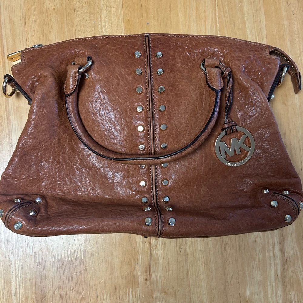 Michael Kors Brown Studded Leather Satchel with Logo Charm